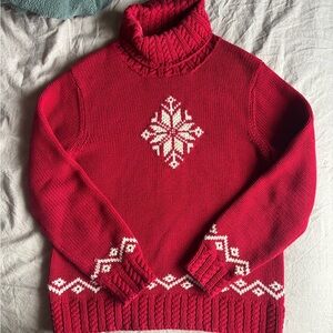 Lauren Ralph Lauren Hand Knit Red Turtleneck Sweater with Snowflake Pattern